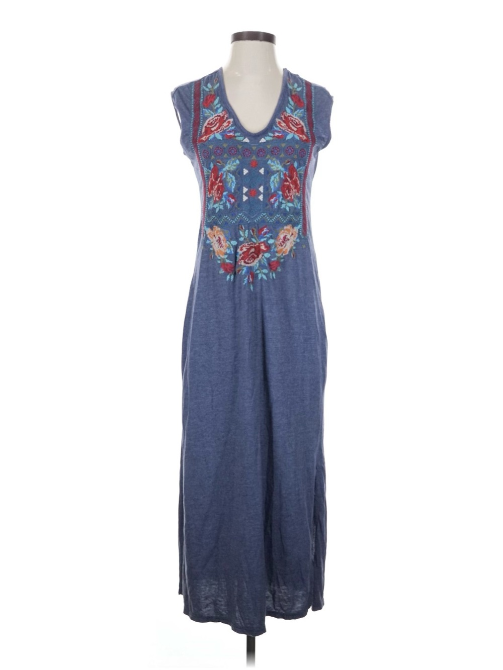 Johnny Was Blue Embroidered V-Neck Maxi Dress